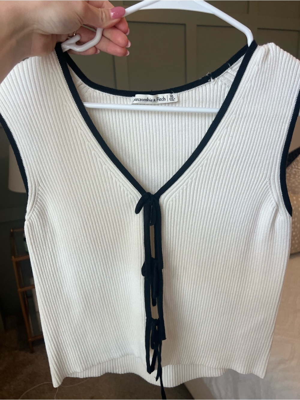 Abercrombie & Fitch White Ribbed Tank with Black Trim and Tie Front